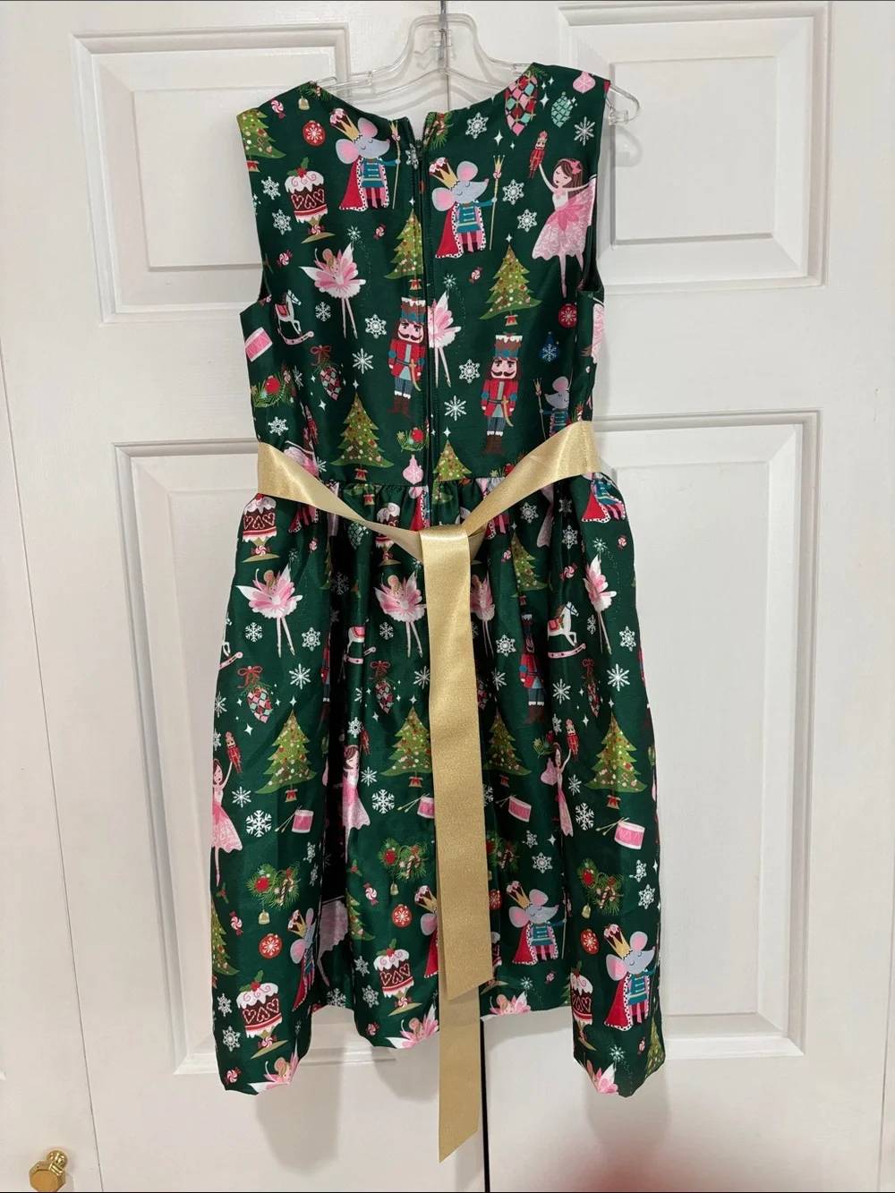 Bonnie Jean Green Nutcracker & Ballerina Holiday Dress w/ Gold Bow Girls 12 EUC
